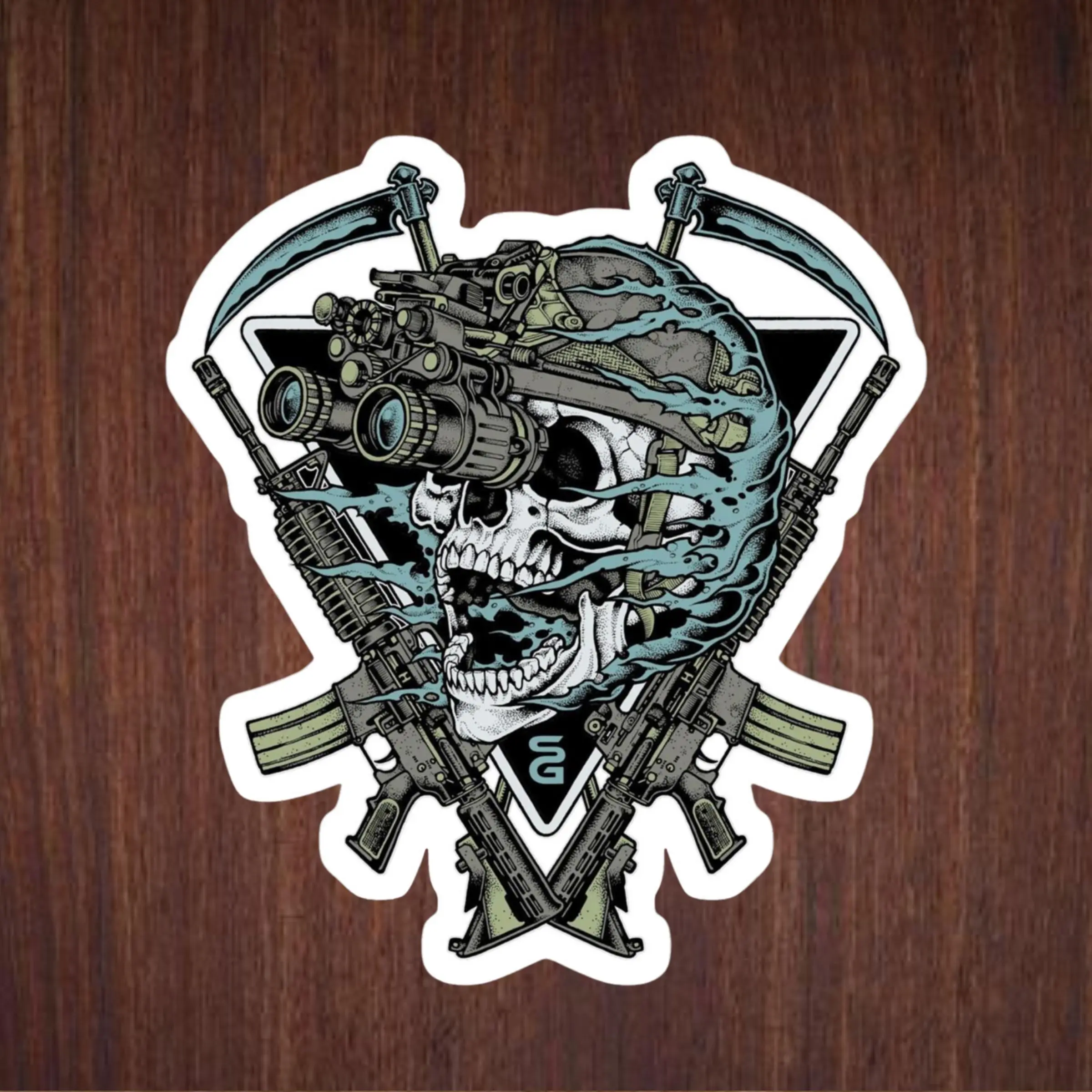 Ghostly Commander Sticker Skull With Tactical Gear And Crossed Weapons, Sticker Vinyl Waterproof, Gifts For Friends Or Festivals