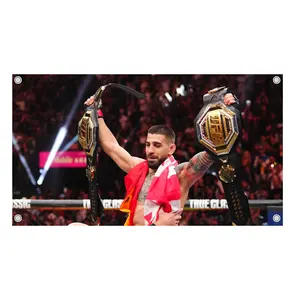 Ilia Topuria 'Double Champ' Graphic Flag - UFC MMA Fighter Flag - Ultimate Fighting Championship Wall Flag Banner, Vintage Fighter Room Decor, Fight Night Bedroom Decor, Gift for MMA Fans Men & Women