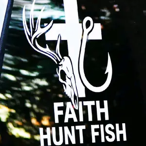 faith hunt fish vinyl decal deer skull cross with antlers and fish hook graphic religious hunting fishing sticker for car window truck boat