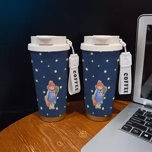 Coffee mug ~ 530 ml / 17.92 oz insulated mug，Paddington Bear with Red Hat Blue Coat Stars Pattern PrintDouble-walled, leak-proof, travel mug with handle; perfect for coffee lovers, art enthusiasts, sports enthusiasts, and those seeking a gift, Drinkware