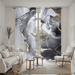 2Pcs Modern Abstract Marble Pattern Curtains, Gray and Gold Ink Style Semi-Sunshade Window Drapes, Rod Pocket Decoration for Living Room Bedroom Balcony Kitchen Study Shower, Accessory, Anti-Privacy.