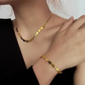 Small Square Jewelry Set Snake Bone Chain Necklace & Bracelet for Women Trendy Light Luxury Choker Titanium Steel Fashion Accessories