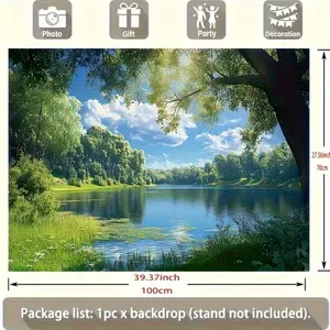 1pc Forest Lake Backdrop Serene Blue Sky White Clouds Green Trees Calm Water Polyester Fabric for Indoor Outdoor Party Decor Photo Booth Home Wall Art Nature Scene