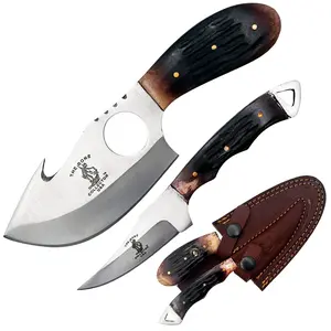 Bone Collector BC 859-BN 2PCS 7" Full Tang Gut-Hook Knives - Bovine Bone Handle, Handmade Stainless Steel, Leather Sheath, Precision Camping Tool, Outdoor Camping Equipment