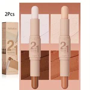 2pcs Contour Stick, 2Pcs Dual-Ended Highlighter Makeup Pen & Contouring Stick For Face Shaping, Long Lasting Waterproof Cream Bronzer & Highlight Sticks Make Up Kit For All Skin Tones