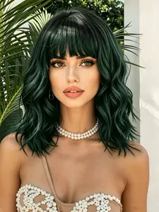 12-Inch Dark Green Synthetic Wig with Dark Root, Water Wave Curl Short Wig with Bangs, Suitable for Daily and Party Use, Heat-Resistant Design