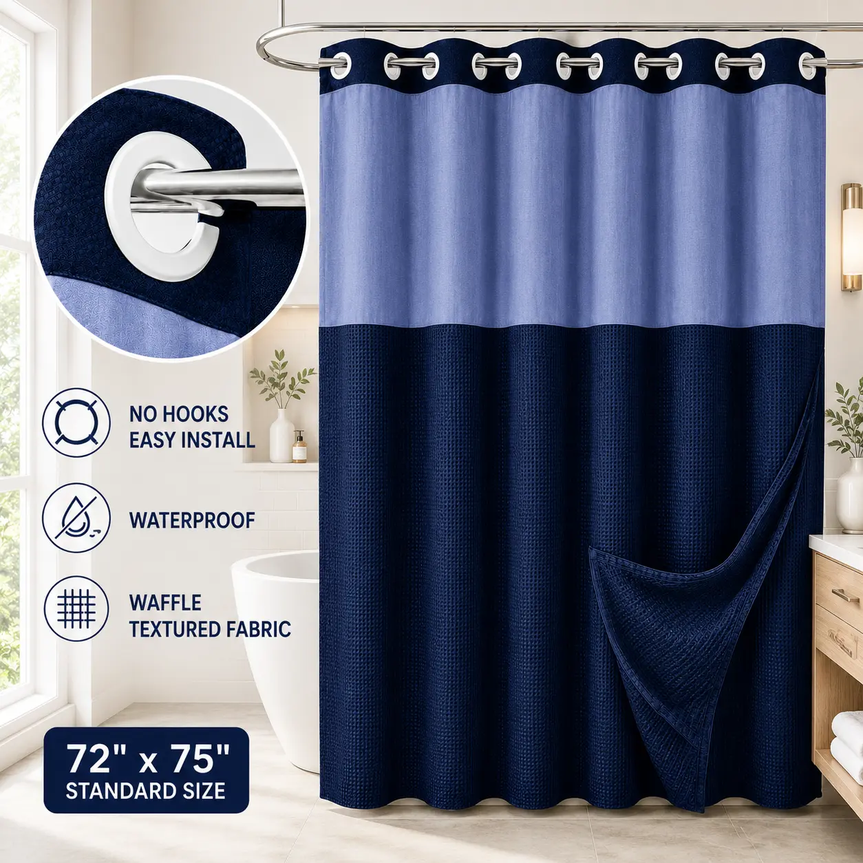 Blue Hookless Waffle Fabric Shower Curtain, 72x75 Inch, Mesh Top Window, Waterproof & Washable, Easy Installation, Modern Hotel-Style Bathroom Decor