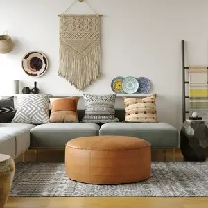 SIMPLIHOME Brody Boho Round Pouf – Distressed Brown Vegan Faux Leather Ottoman for Living Room, Bedroom & Kids Room