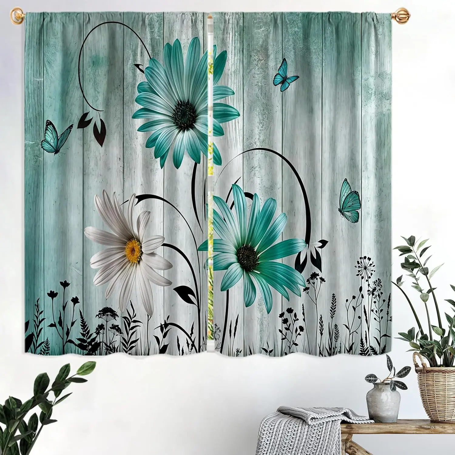 Rustic Farmhouse 2-Panel Teal Aqua Daisy Floral Rod Pocket Curtains, 27.5W x 39L Colorful Vintage Beautiful Patterns Drapes with Turquoise Butterfly & Wooden Accents, Small Short Cafe Tiers for Kitchen Decor, Colorful Curtains, Vintage Floral Curtains
