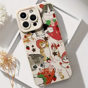 Cute Strawberry Cat Phone Case, Comfortable Grip Effective Anti-drop. Suitable for Various iPhone Models Including 16/15/14/13/12/11 Pro Max/Plus/X/8/7 - Popular Birthday Gift or Business Gift for Friends and Partners, Durable Anti-fingerprint Beige Soft