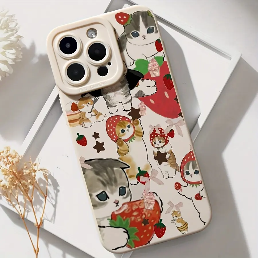 Cute Strawberry Cat Beige Soft Phone Case for iPhone 16/15 Plus/14/13/12/11 Pro Max/X/8/7 - Comfortable Grip, Anti-Drop, Anti-Fingerprint Durable Phone Accessories - Aesthetic Birthday Gift for Friends, Iphone 15 Plus