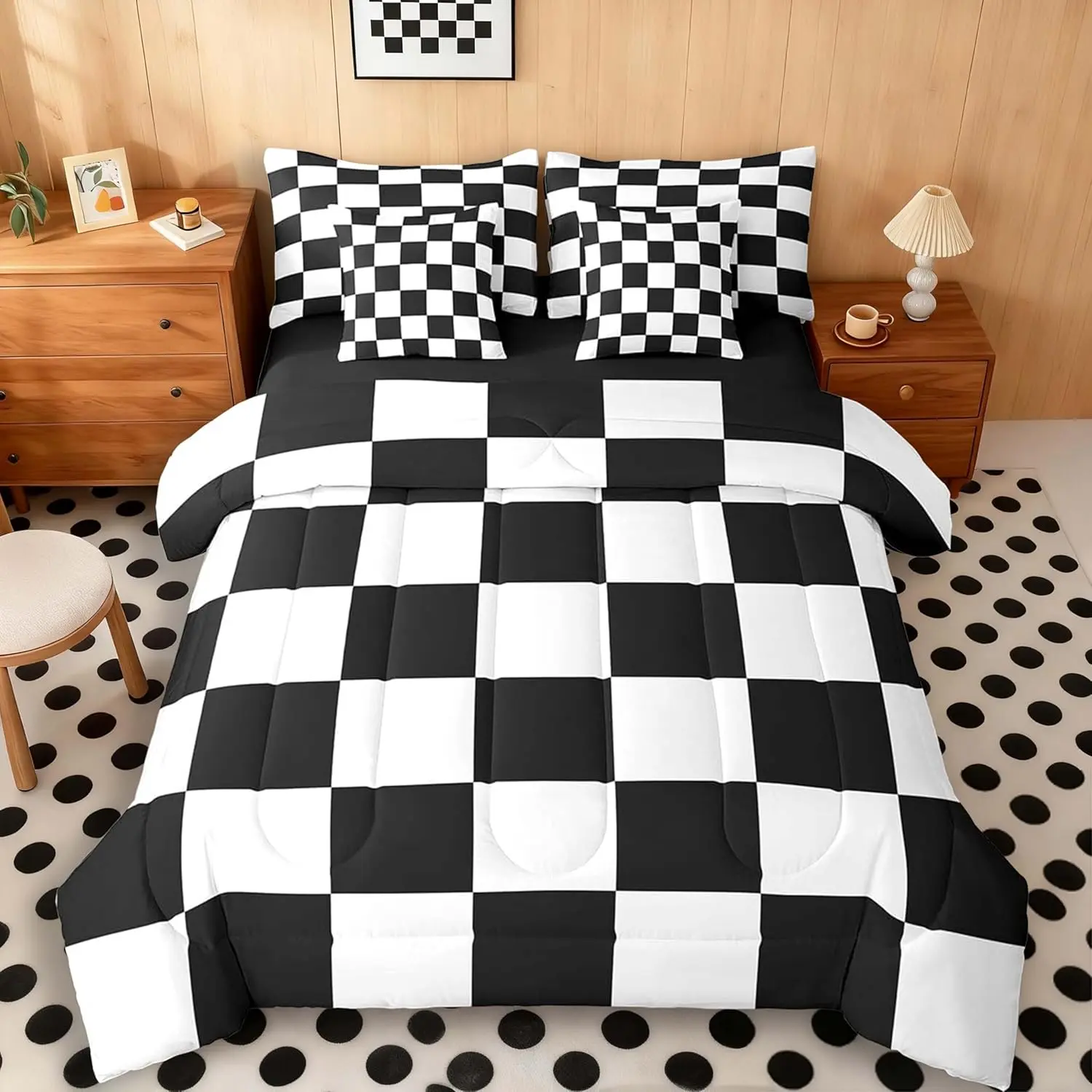 Black White Bedding Set 7Pcs Checkered Grid Comforter Set with Sheets Classic Plaid Buffalo Check Bed in a Bag Soft Lightweight,Microfiber
