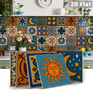 12pcs/24pcs Art Pe Crystal Decorative Tile Stickers Gift Box Set, Bohemian Sunflower Vintage Flower Tiles, Waterproof Oilproof for Kitchen Bathroom Floor Ceiling, Decoration Sticker