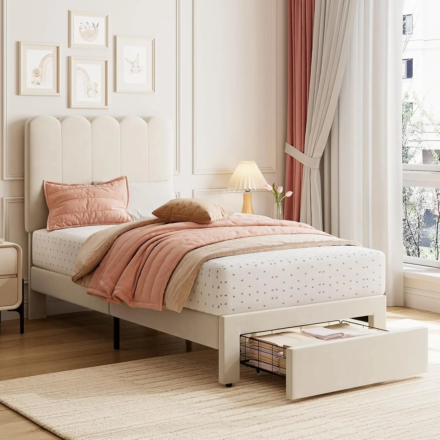 White Velvet Upholstered Framed Twin Single Platform Bed Frame with Metal Compartments, Thick Stable Headboard, Strong Wooden Slats Support, Noise-Free Design, Easy Setup w/Manual, Kids Furniture Bedroom Storage Organization Piece