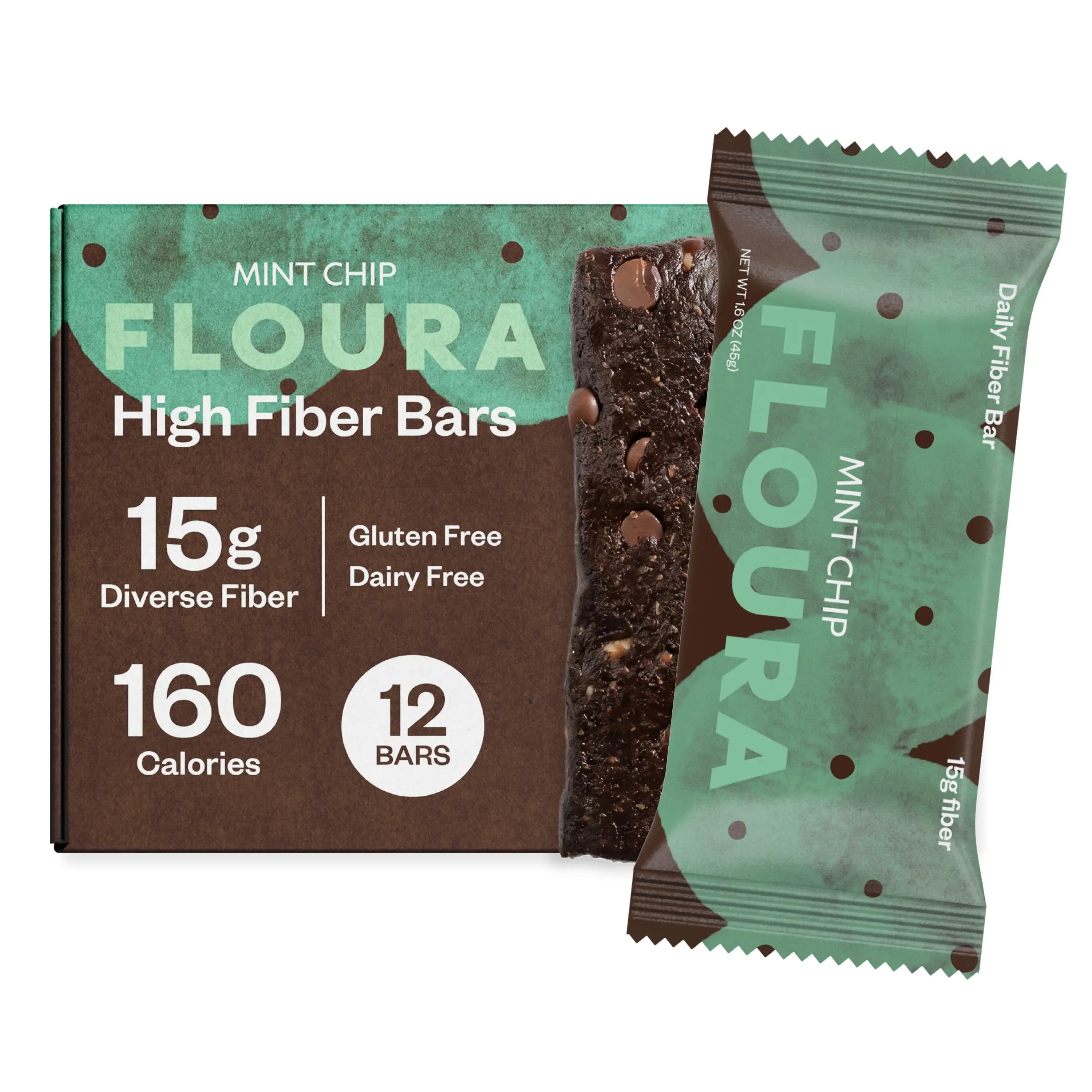 Floura Mint Chip Fiber Bar 12-Pack - 15g Fiber, Fruit-Forward, Gluten-Free, Snack for Wellness On-The-Go