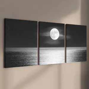 Wooden Framed Canvas Painting, 3 Counts/set Natural Moonlight Scenery Canvas Poster, Modern Wall Art for Home Office Dormitory Coffee Shop, Art Wall Decoration
