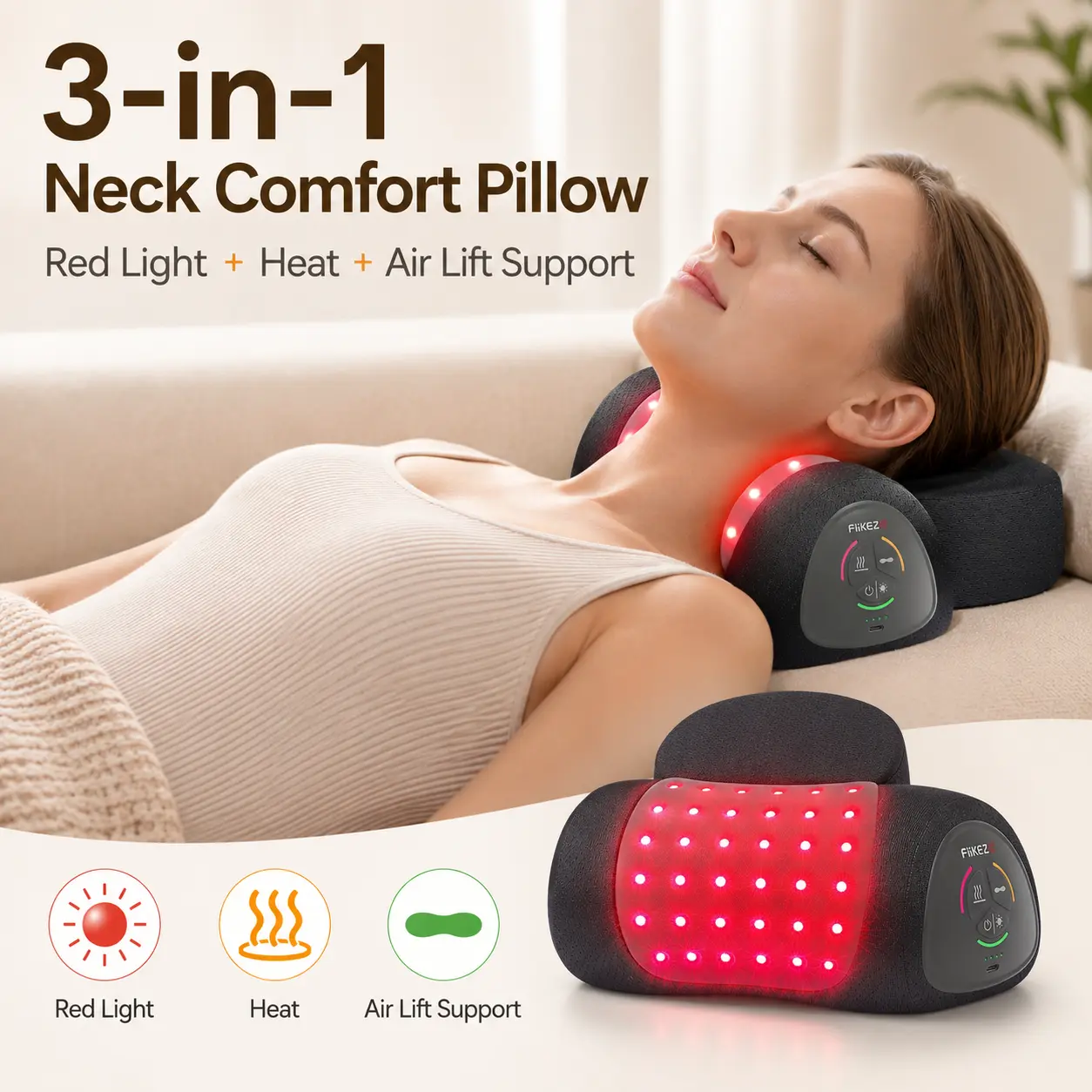 FliKEZE NeoNeck Air 3-in-1 Red Light Neck Pillow with Heat & Adaptive Air Lift Support, Cordless Adjustable Lightweight Massage Pillow for Home & Travel, Personal Care Massage Device with Storage