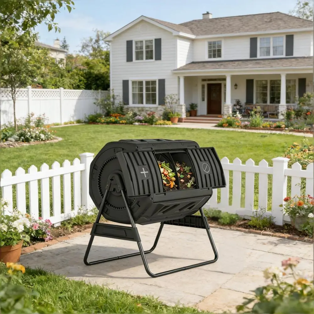 Dual Chamber Tumbling Composter,Outdoor Compost Bin