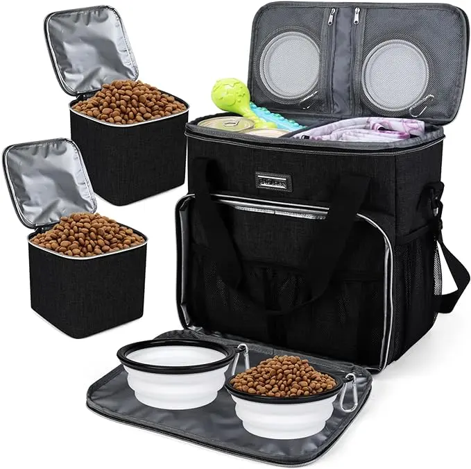BAG LHER Dog Travel Bag, Pet Travel Bag (All Pet Travel Items), with 2 pet food packaging and 2 foldaway silky bowl; 2 handles and adjustable shoulder strap. Pet Travel Essentials Kit