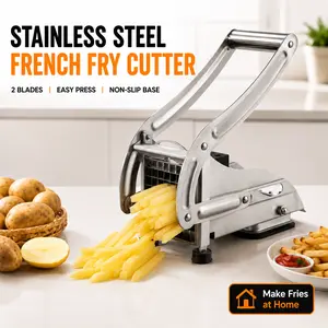 Stainless Steel French Fry Cutter with 2 Blades, 1/2" & 1/3" Potato Slicer, Non-Slip Suction Base, Easy Veggie Chopper for Homemade Fries, Sweet Potatoes, Carrots & Cucumbers