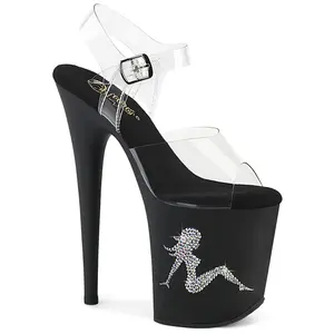 8 Inch Heel FLAMINGO-808TGRS Clear Black Silver High Heels Heeled Sandals