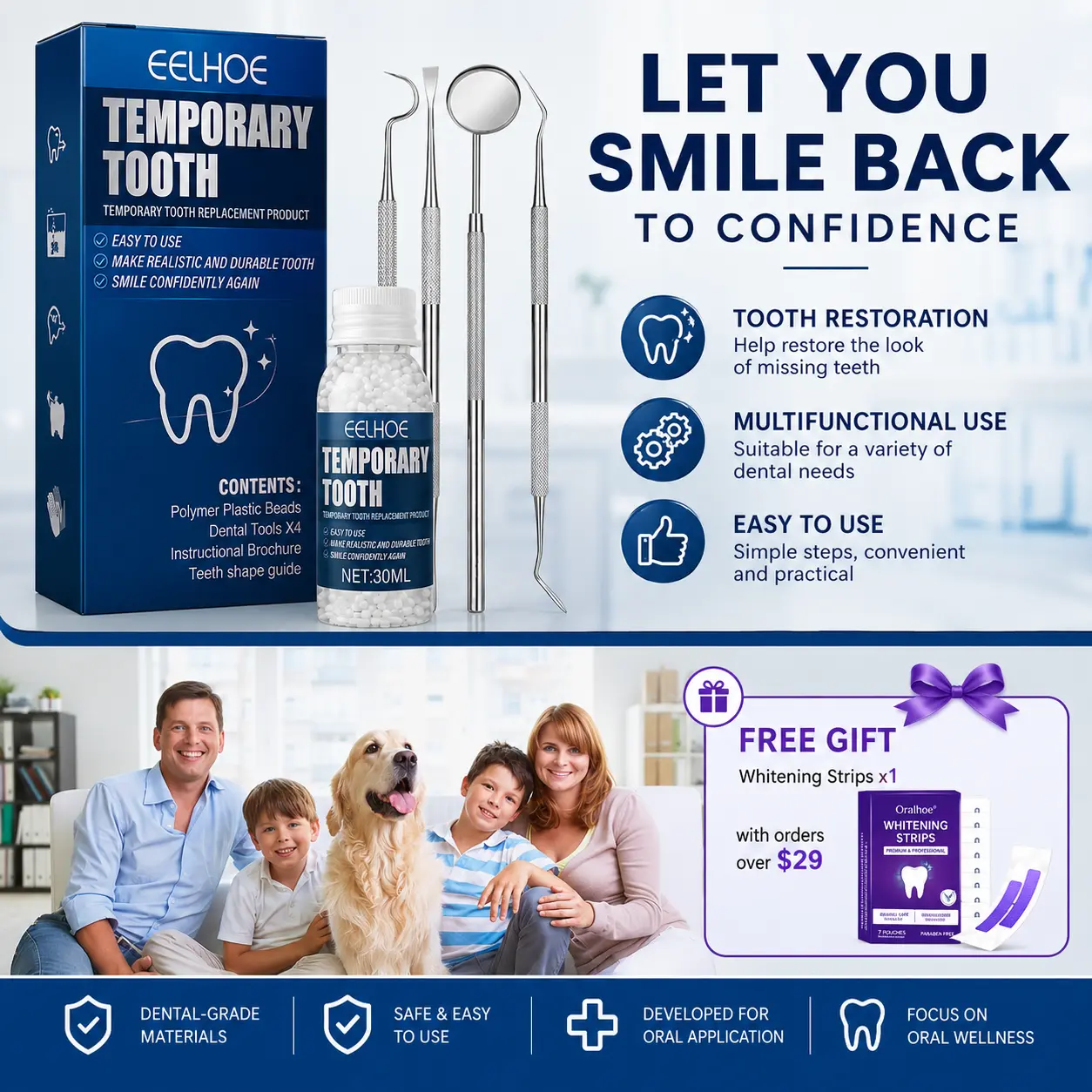 Moldable Teeth Whitening Multi-Pack Kit - 4 Tools, Shapeable Pellets, Cosmetic Veneers for Broken/Missing Teeth, Oral Care for Cosplay, Halloween, Teeth Whitening Products