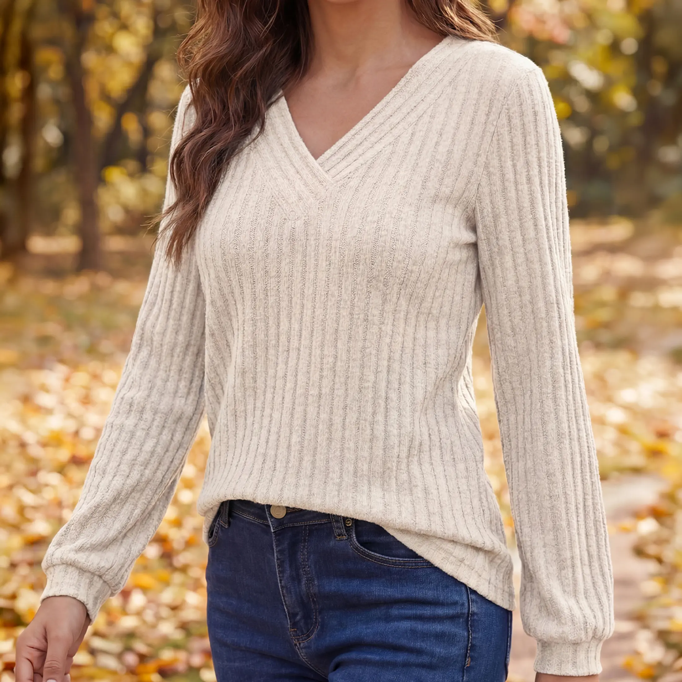 Womens Long Sleeve Shirt Fall Fashion 2025 V-Neck Sweater Tunic Tops Dressy Casual Work Blouse Trendy Winter Clothing