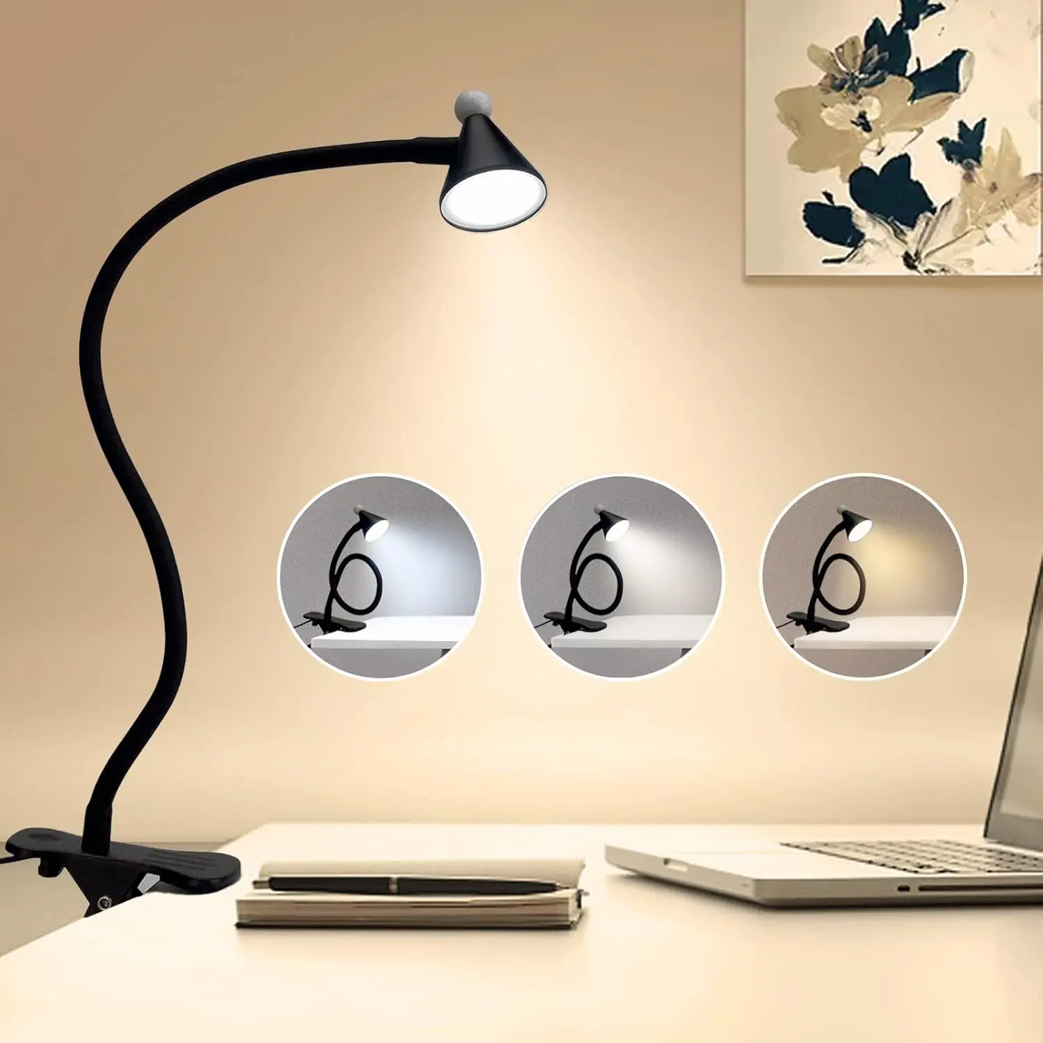 LED Desk Lamp with Clamp,Reading Light with Long Flexible Gooseneck,Clamp Light for Reading,Bed Lights for Headboard,Book Light for Kids with 30 Adjustable Color Modes,Clamp Lamp for Home, Black