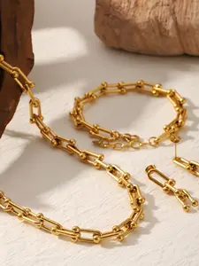 U-Link Chain Jewelry Set | 18K Gold Plated Stainless Steel | Minimalist Paperclip Necklace Bracelet Earrings | Jewellery Gift Set