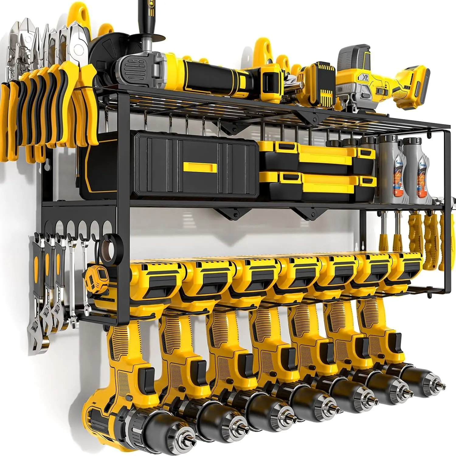 Power Tool Organizer Wall Mount Cordless,15 Min Fast Install Metal Garage Tool Storage Organizer Heavy Duty 3 Layers 7 Drill Power Tool Holder Storage Rack Tool Shelf Wall Mount for Shop Organization