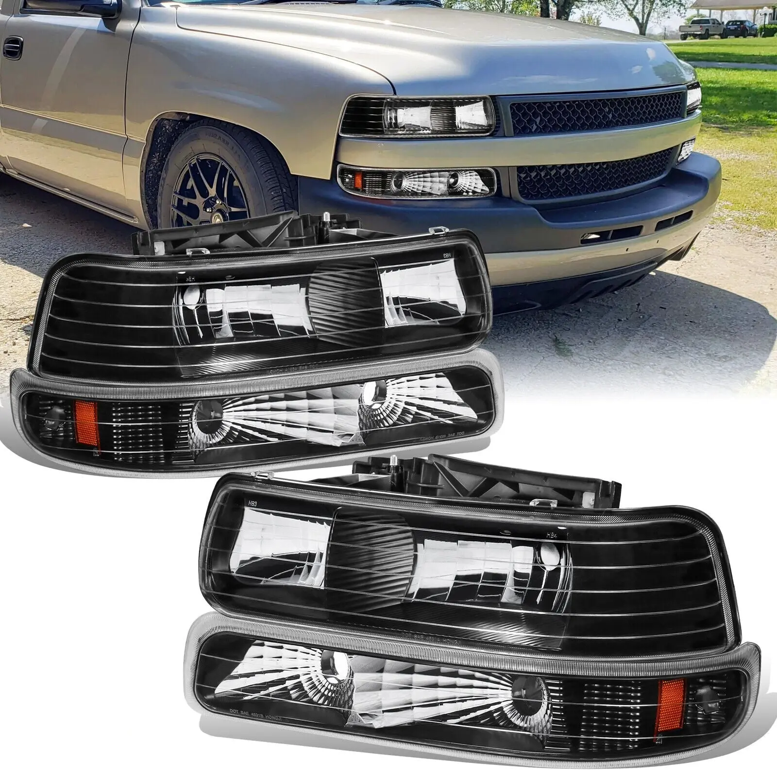 MOSTPLUS Black Housing Headlights w/Bumper Lights For 1999-2002 Chevy Silverado 1500 2000-2006 Suburban Tahoe LH+RH Truck Replacement