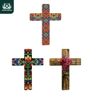 Mexican Style Crucifix, 1 Count Wooden Wall Art Decor, Religious Home Decor, Wall Mounted Cross Decoration for Home Farmhouse Living Room Restaurant Church