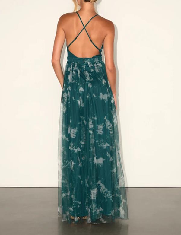 Lulus Elegant Moment Emerald Green Tie-Dye Backless Maxi Dress
