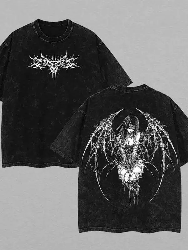 [BT] Thorn Wing Dark Angel Gothic Metal Vintage Washed Double-Sided Oversized Grunge Streetwear Cotton T-Shirt for Men, Valentine Y2K Anime Pattern Top, 2k Clothing