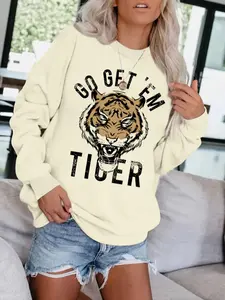 Women's Casual Tiger Print Graphic Pullover Sweatshirt, Soft Long Sleeve Round Neck, All Seasons Comfortable Fit Womenswear