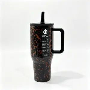 HydroJug 40oz Dark Brown Leopard Print Tumbler with Black Handle & Straw, Leakproof Stainless Steel Insulated Mug Keeps Ice Cold 24 Hours, Trendy Western Coffee Cup for Car & Daily Commute Drinkware Flasks Insulation Stylish Bottled Bottles Water Bottles