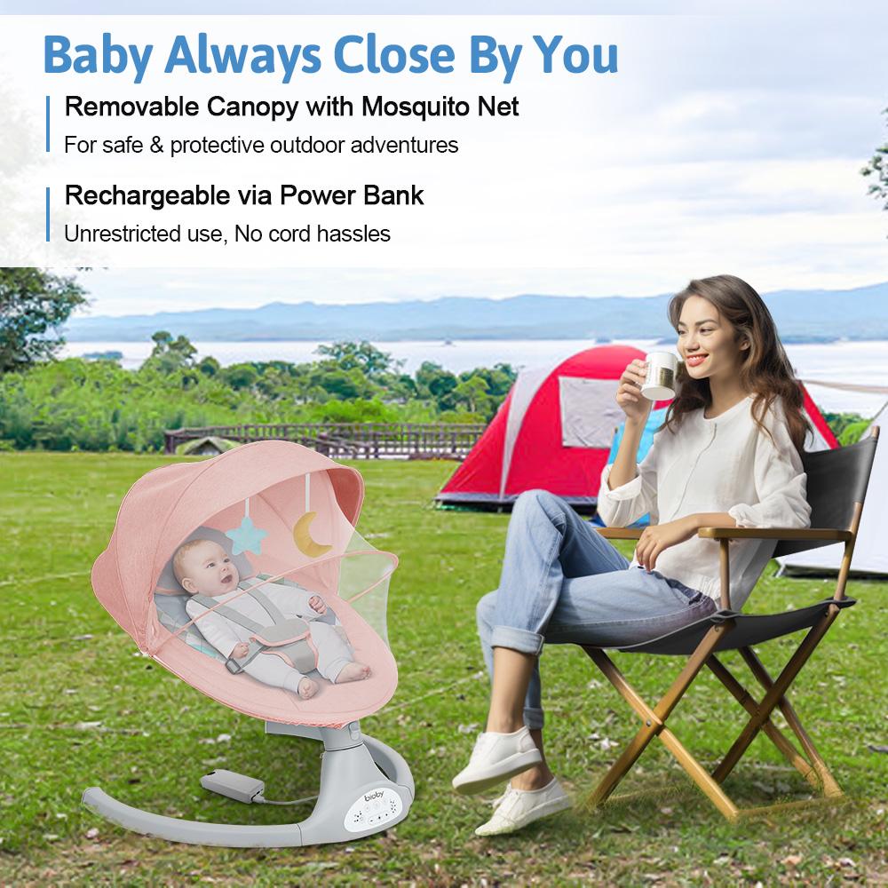 COMOMY Baby Swing for Infants with 5 Natural Sway Speeds, Portable Bt Music Baby Swing with Remote Control & 5-Point Harness, Hands-Free Baby Soother, Lightweight Baby Rocker for 5-20 Lb, 0-6 Months, Pink, Valentine's Day