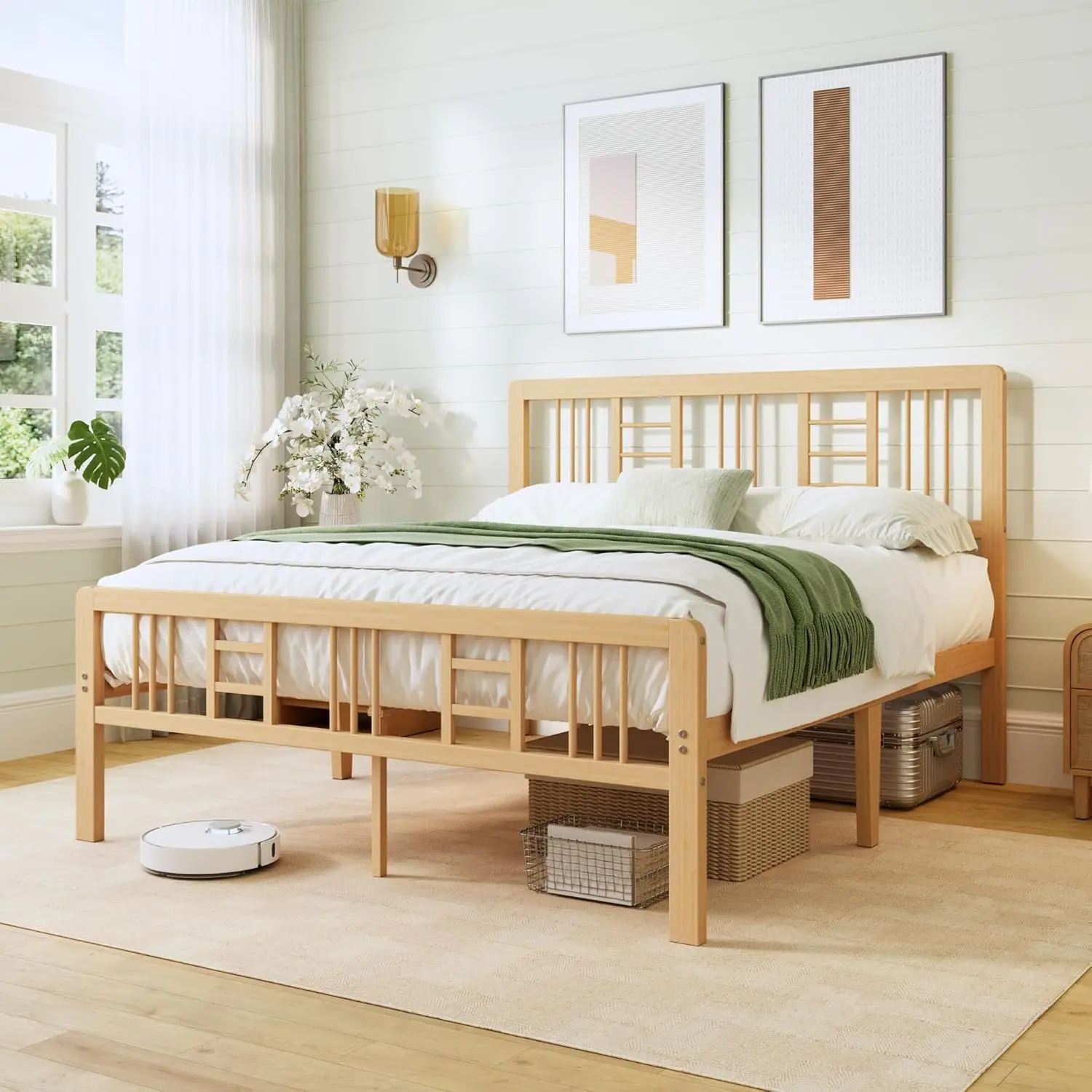 Aardhen Lattice Queen Bed Frame - 14in Premium Bamboo Elevated Nordic Wood-Finished Natural Bed Frame with Corner Headboard, Easy Assembly, Stable Safe Foundation for Queen Mattress, Elevated Bed Frames