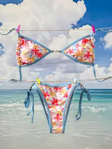 Women's New Printed Beach Casual Fashion Vacation Tie Two-Piece Floral Bikini Swimsuit, Fitted All Seasons Swimwear, Batch Number XR-16029, Bikini Sets