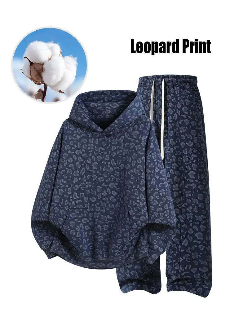 Unisex Cotton 2-Piece All-Over Leopard Print Streetwear Set - Loose-Fit Hoodie & Wide-Leg Pants, Casual Unboxing Gift, Multiple Colors Unisex Cotton 2-Piece All-Over Leopard Print Streetwear Set - Loose-Fit Hoodie & Wide-Leg Pants, Casual Unboxing Gift, Multiple Colors