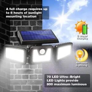 2 Pack 3 Adjustable Head Solar Outdoor Security Light with Remote Control, PIR Motion Sensor LED Flood Lamp IP65 Waterproof for Garage Yard Patio Fence Wall Lighting