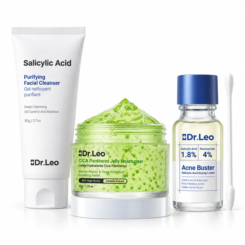 [Mikayla Picks] Dr.Leo Acne Treatment Kit 3pcs | Salicylic Acid Facial Cleanser + Acne Spot Treatment + Centella Soothing Cream | Skincare Routine for Pimples, Breakouts & Sensitive Acne-Prone Skin