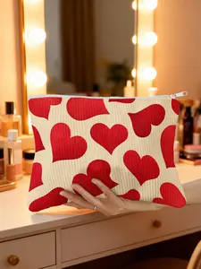 1pc, Makeup Bags for Women Red Hearts Dance Design - Soft Corduroy Cosmetic Organizer, Preppy Style Zippered Pouch, Ideal Travel Makeup Bag & Toiletry Carrier