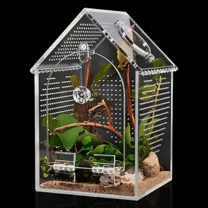 Jumping Spider Enclosure,Warp-Proof Seamless Acrylic Tarantula Terrarium,Front Opening Bug Habitat with Feeding Port for Praying Mantis,Hermit Crabs,Snail,Micro Reptile(5" L*5" W*8" H)