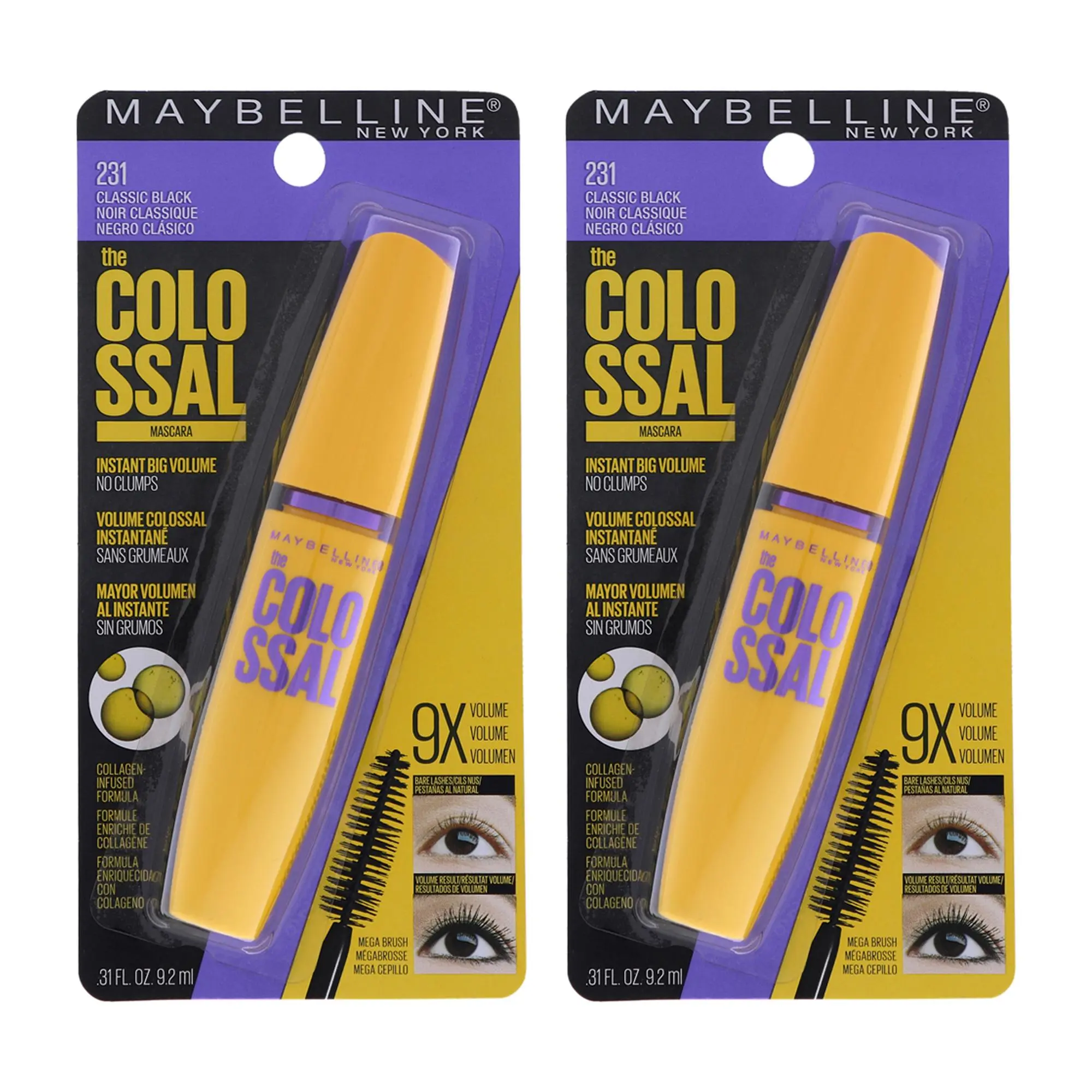 Maybelline Colossal Volum' Express 9x Volume Smooth Mascara - 231 Classic Black, Women's Cosmetic Makeup - 0.31 oz, Pack of 2