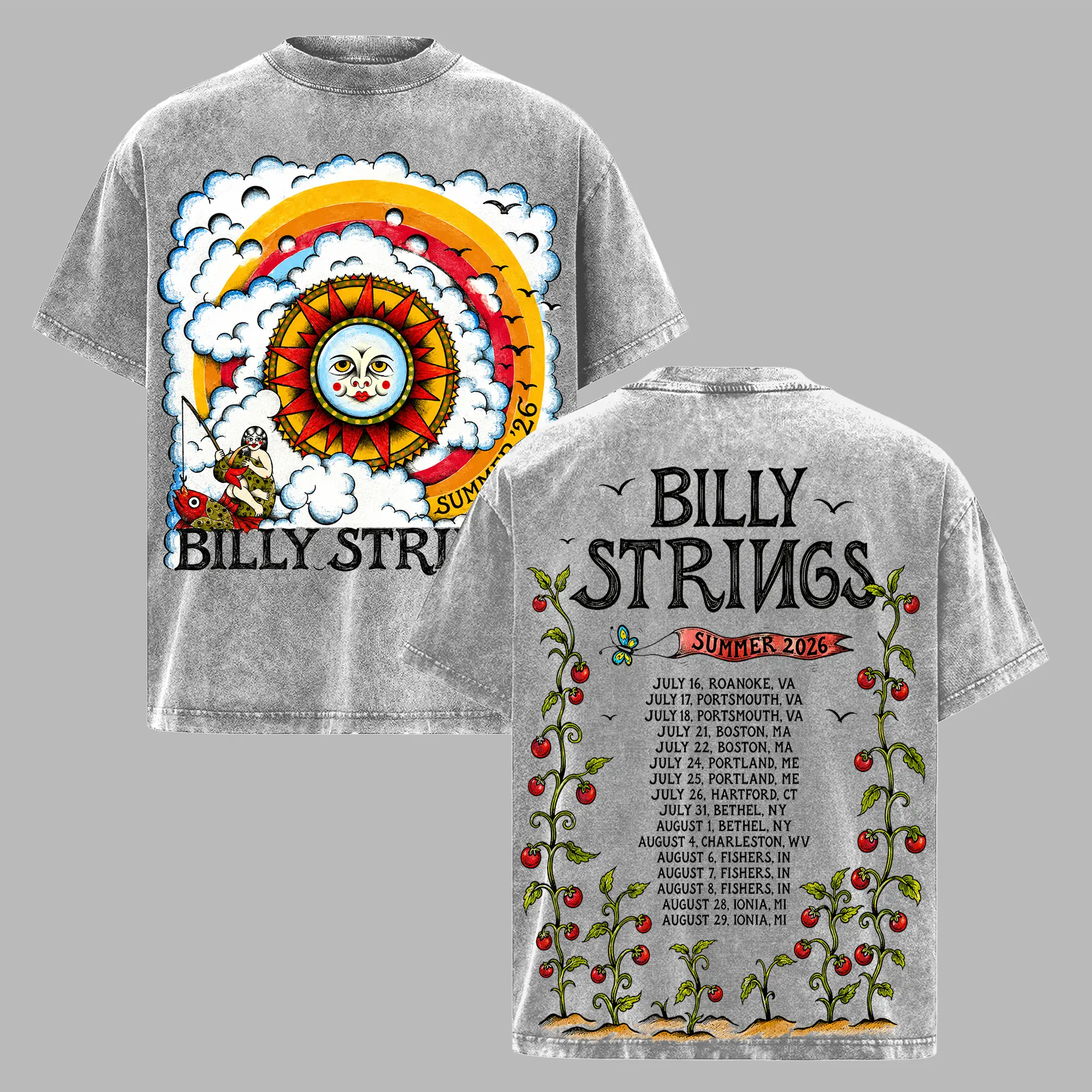 Billy Strings Summer 2026 Vintage Washed T-Shirt, Psychedelic Bluegrass Concert Tee, Rainbow Sun Graphic Shirt, Tour Dates Music Tee, Unisex Festival Gift, BillyStrings, BillyStringsTour, Summer2026, BluegrassMusic
