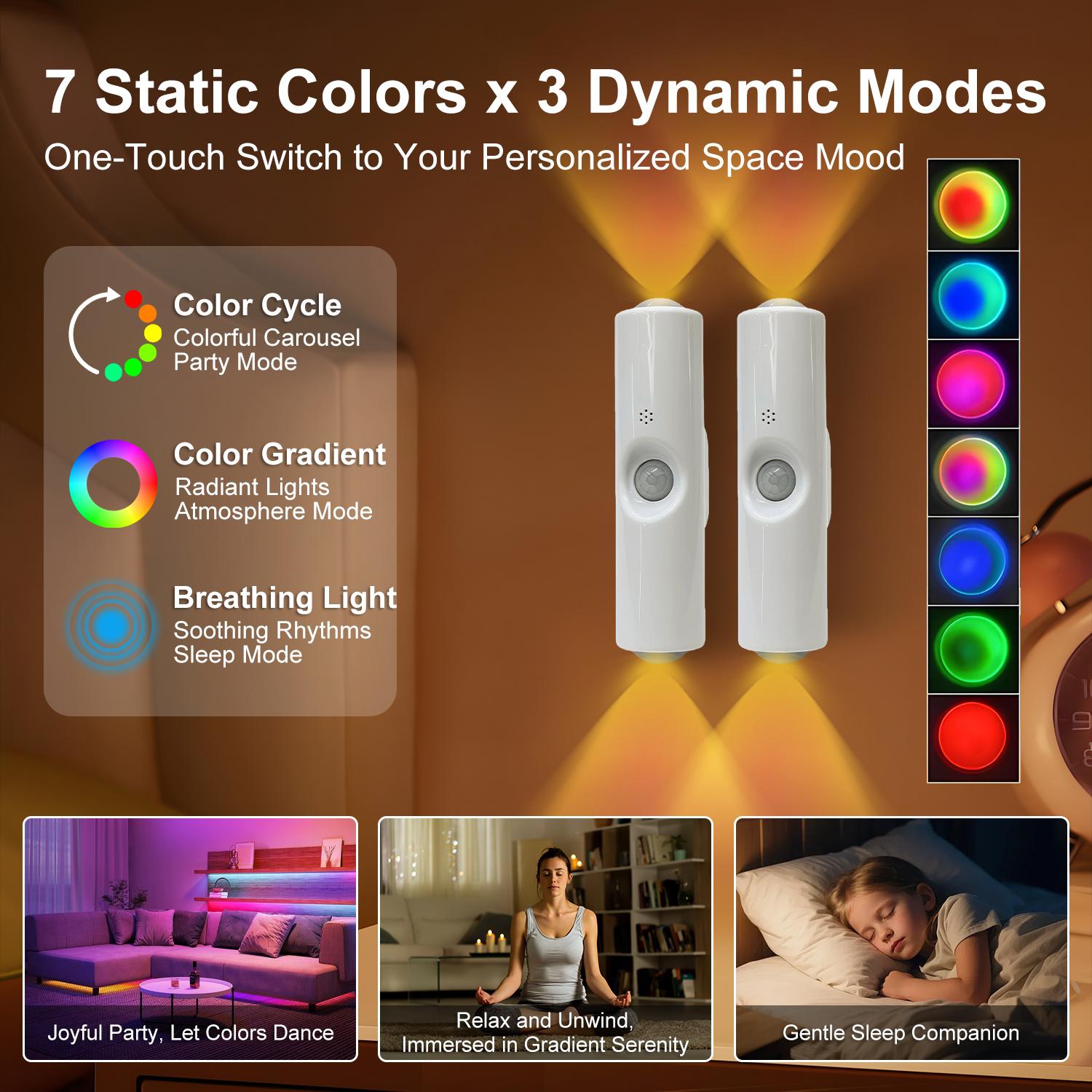 Smart Rechargeable LED Night Light with Motion Sensor | RGB Gradient Ambient Lighting, Dimmable Wall Lamp, Magnetic Stick-On Design, USB Charging, Long Battery Life, Ideal for Halloween Decor, Bedroom, Stairs