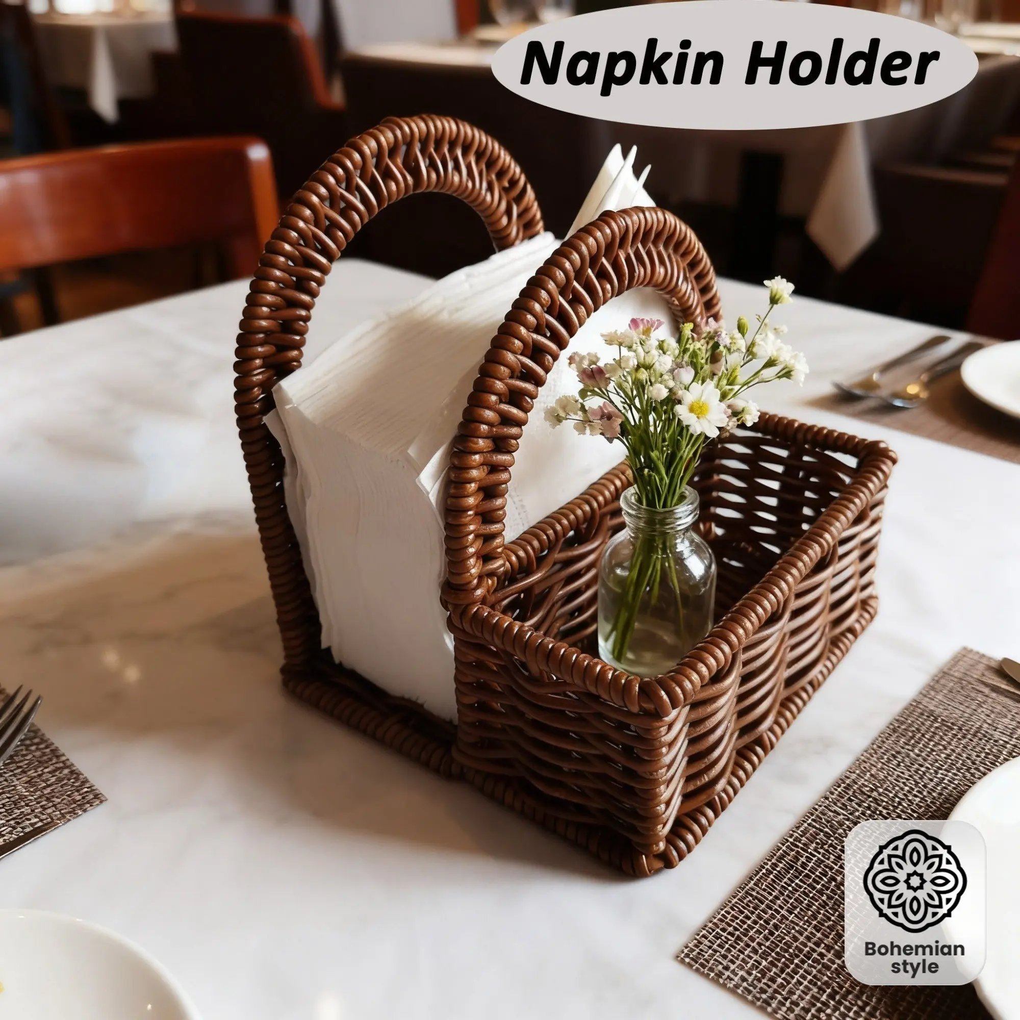 1 Pc Rattan Napkin Holder – Boho-style imitation wicker decorative storage basket. Perfect tabletop organizer for napkins, utensils and small items, ideal for kitchen, desk and party décor, Decorative Baskets, Home Storage Supplies
