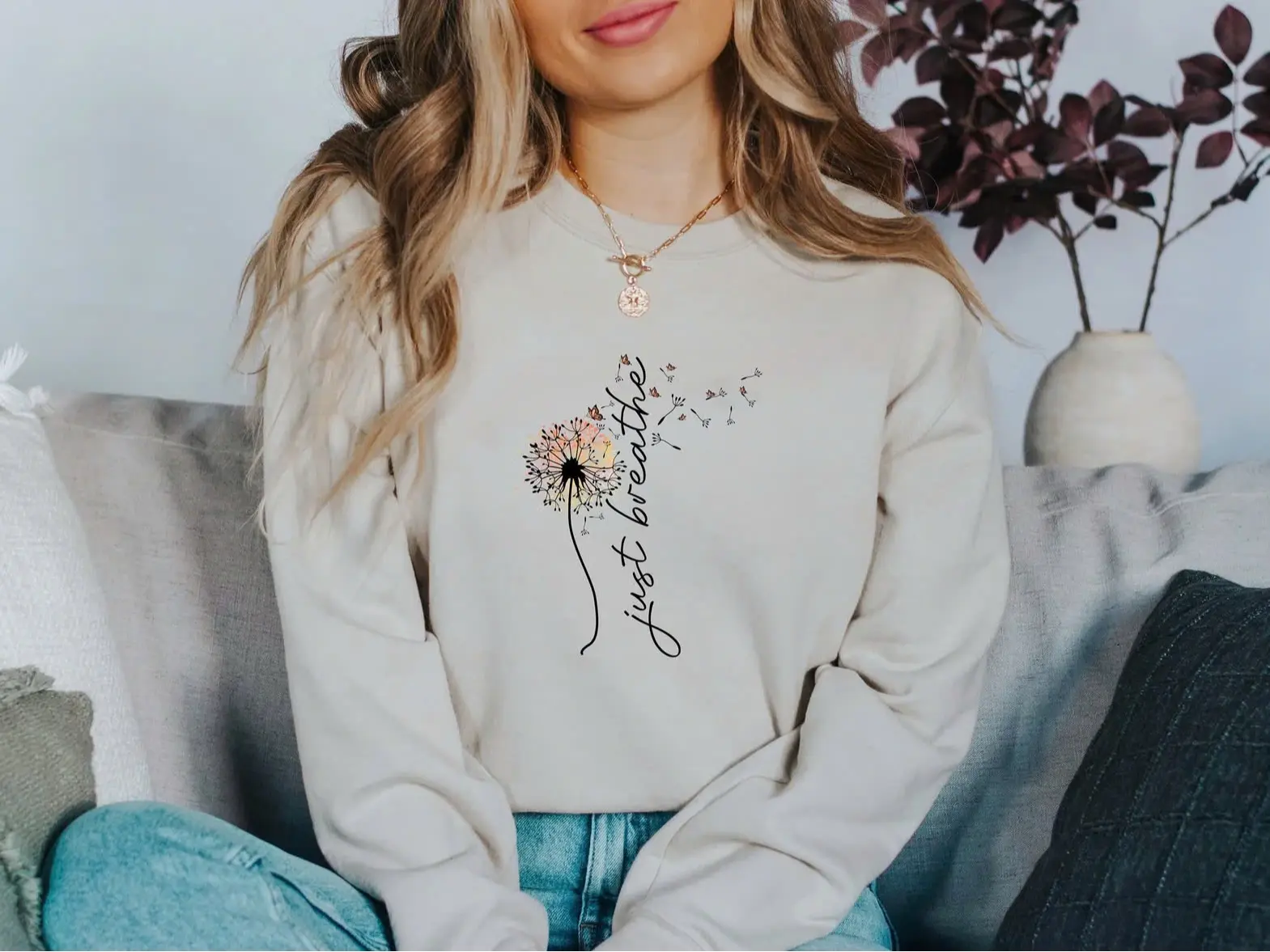 Just Breathe Crewneck Sweatshirt, Dandelion Just Breathe, Cute Yoga Sweatshirt, Wildflower, Spiritual, Gift For Her