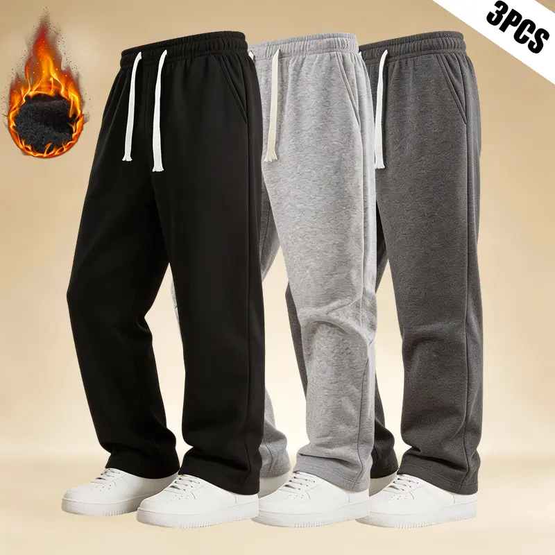 Men's 3-Pack Solid Plain Straight-Leg Comfy Athleisure Pants - Autumn/Winter Fleece-Lined Knit Fabric, Durable, Wear-Resistant, Side Pockets, Casual Street Street Pants, Suitable for Everyday Shopping, Sports